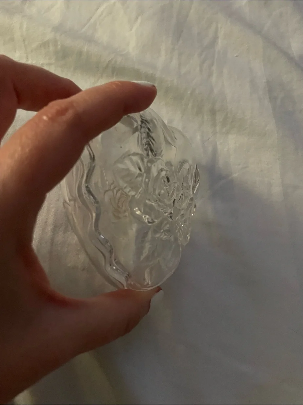 Vintage 90s Clear Glass Heart Trinket Dish with Rose Motif